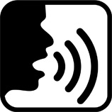 En svartvit symbol för syntolkning: en sidoprofil på ett ansikte med öppen mun och ljudvågor.