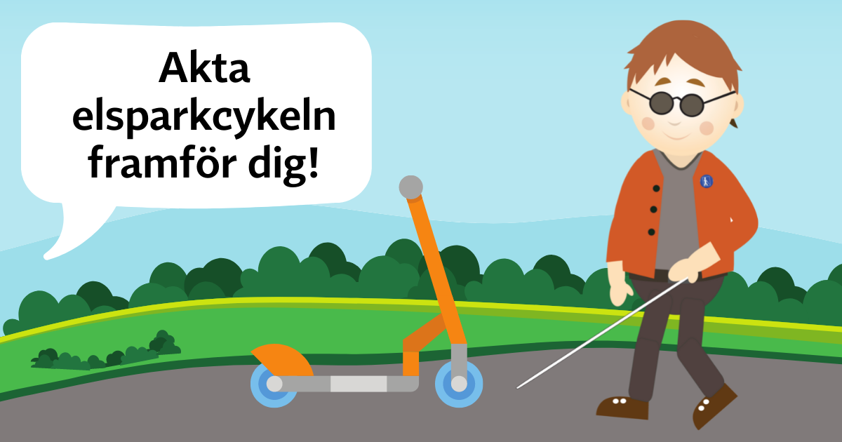 Animerad figur som går med vit käpp mot en elsparkcykel och en pratbubbla från sidan med texten "Akta elsparkcykeln framför dig!"