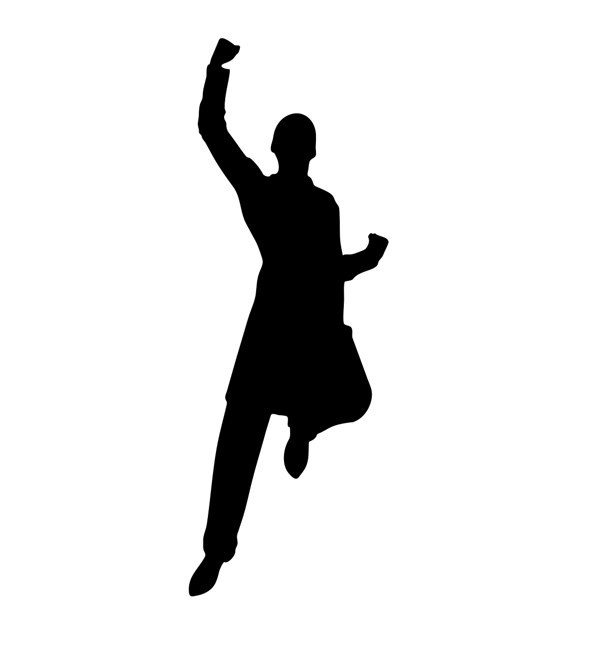 En svart siluett: person som hoppar och viftar med hand.