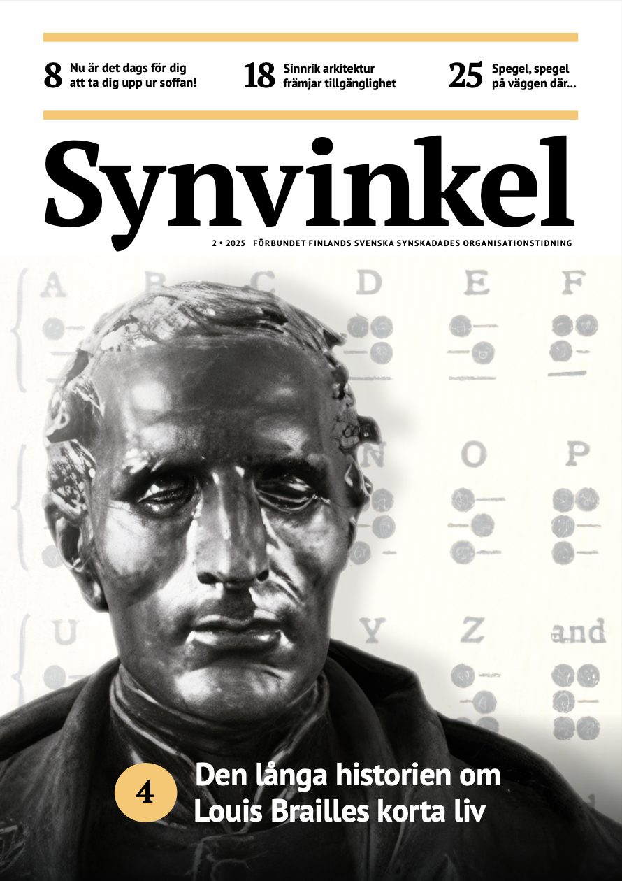 Närbild. En mörk, glänsande byst av Louis Braille mot en ljus bokstavs¬karta med punktskriftstecken.