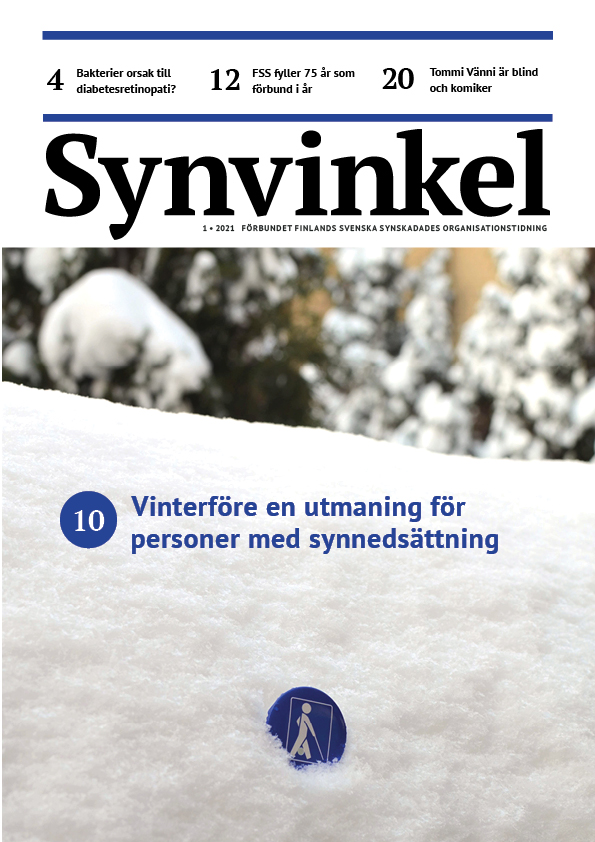 Pärmbild av Synvinkel. Ett blått synskademärke i snö. 