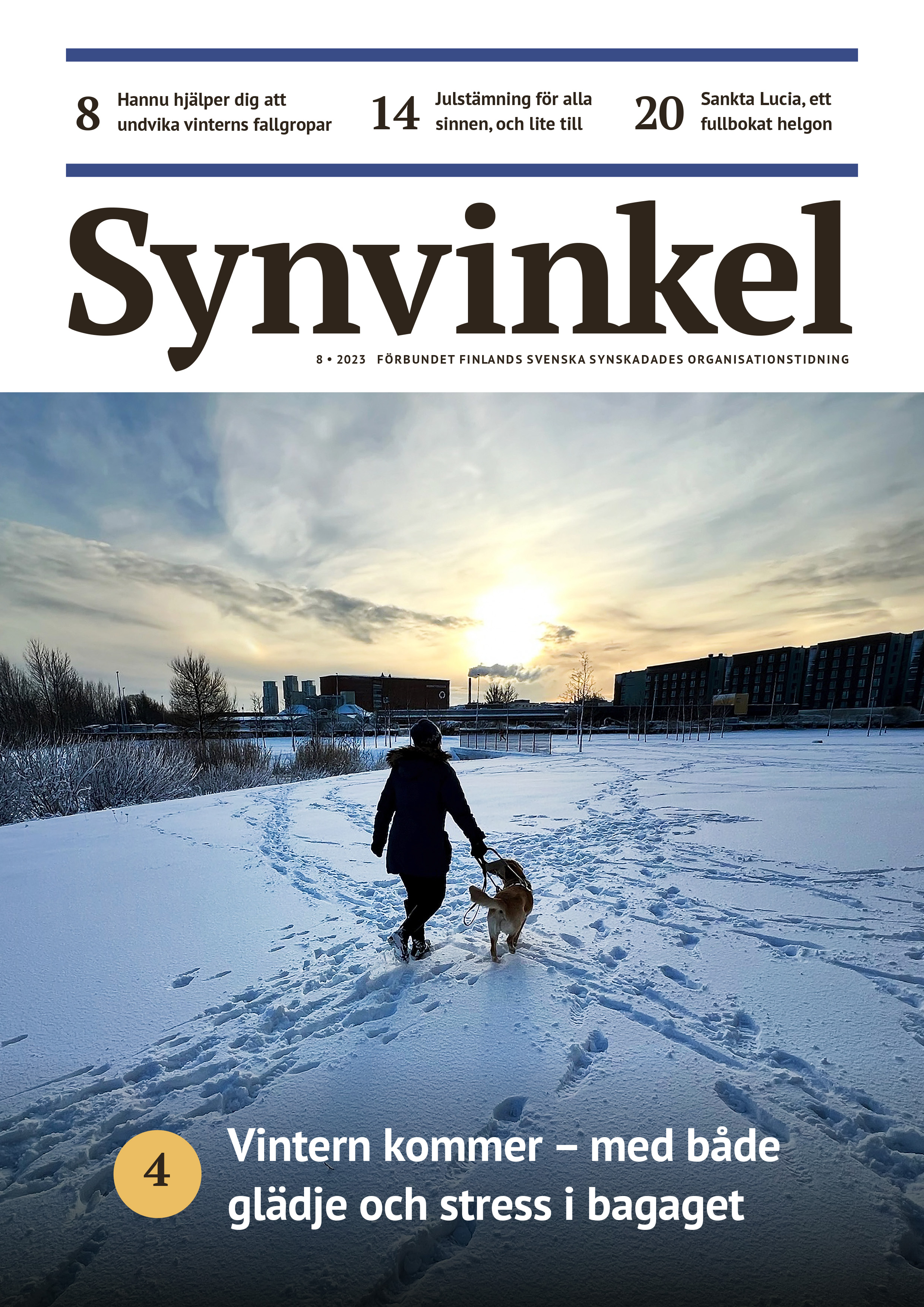 Veera Florica Rajala och ledarhunden Palo går bredvid varandra över ett solbelyst och snötäckt fält. Fot- och tassavtryck bildar kringlande stigar i snön. I fjärran syns höghus. Röken från en skorsten stiger framför eftermiddagssolen. 