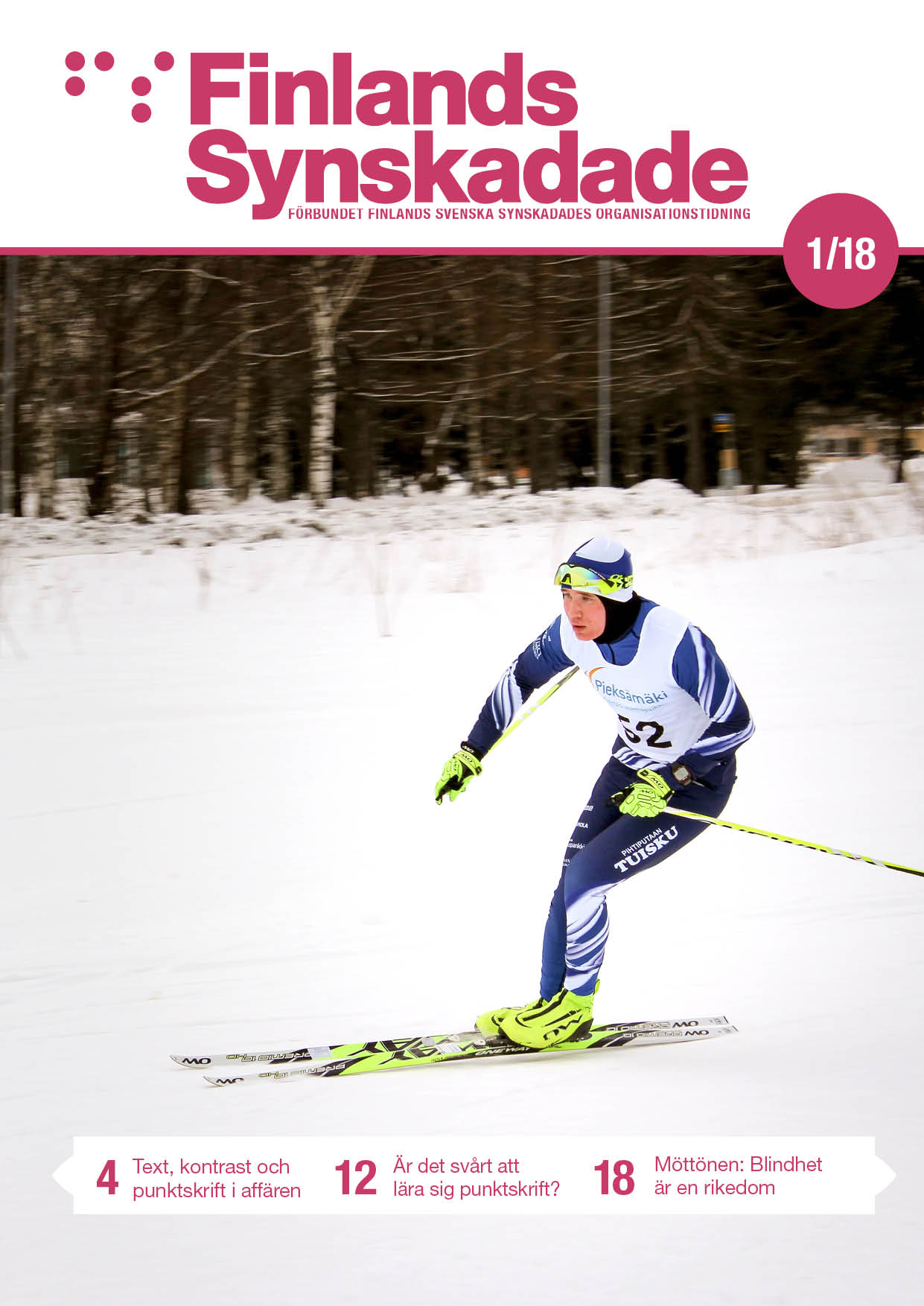 Pärmbild. Ung man åker längdskidor med fart.