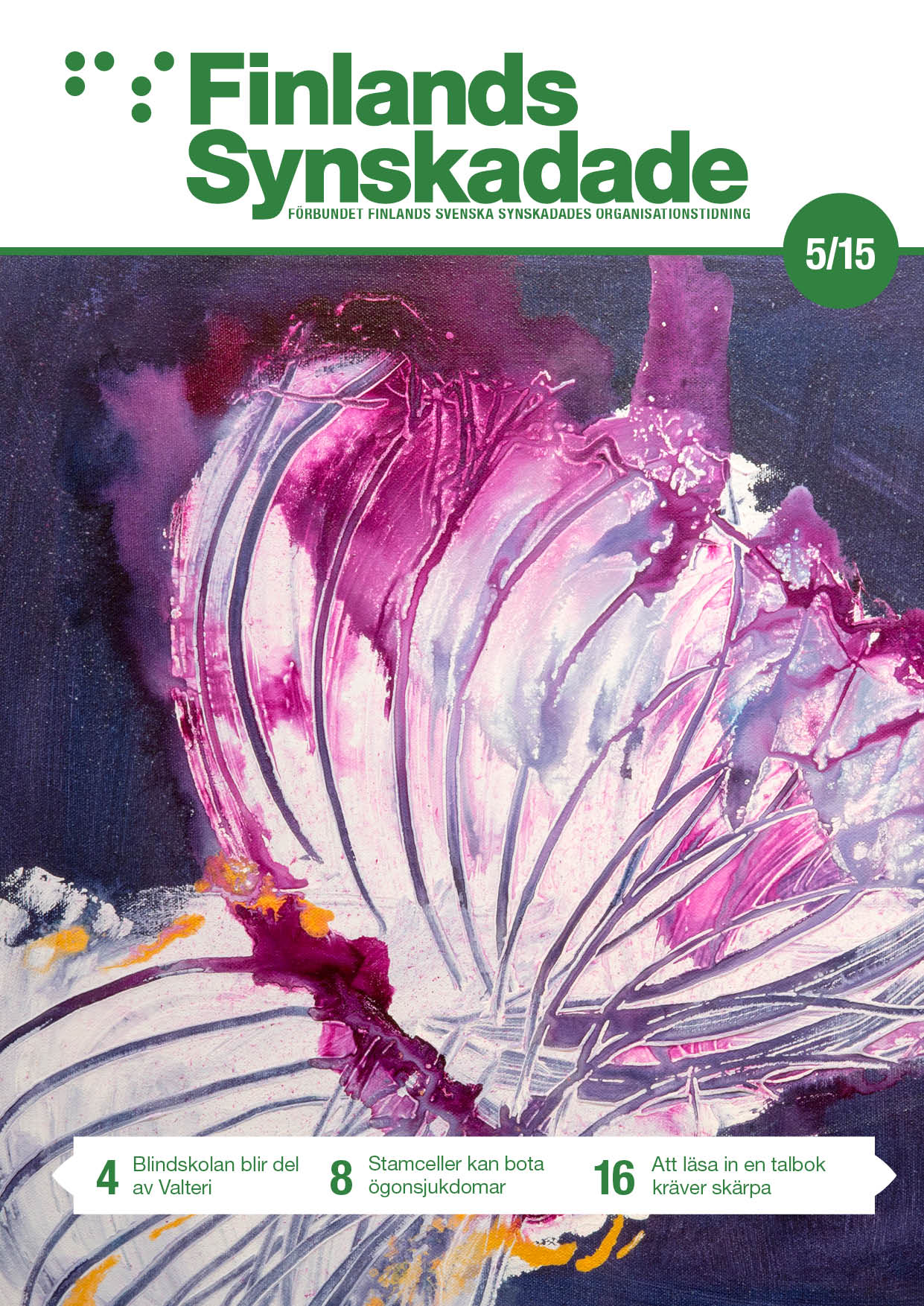Pärmbild av Finlands Synskadade nr 5, 2015. Maarit Hedman målar helt på känsla. Hon vet inte på förhand hur tavlan kommer att bli. Tavlan på pärmen heter Siivillä och föreställer en fjäril. 