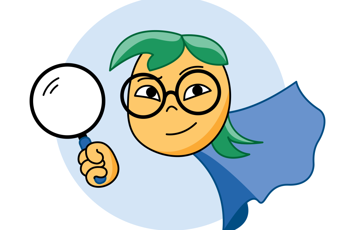 Animerad figur med grönt hår, blå kappa, glasögon och förstoringsglas i handen.