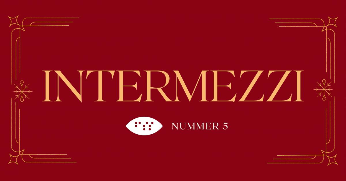 Mörkrött kort med julstämning, text: Intermezzi nummer 5.