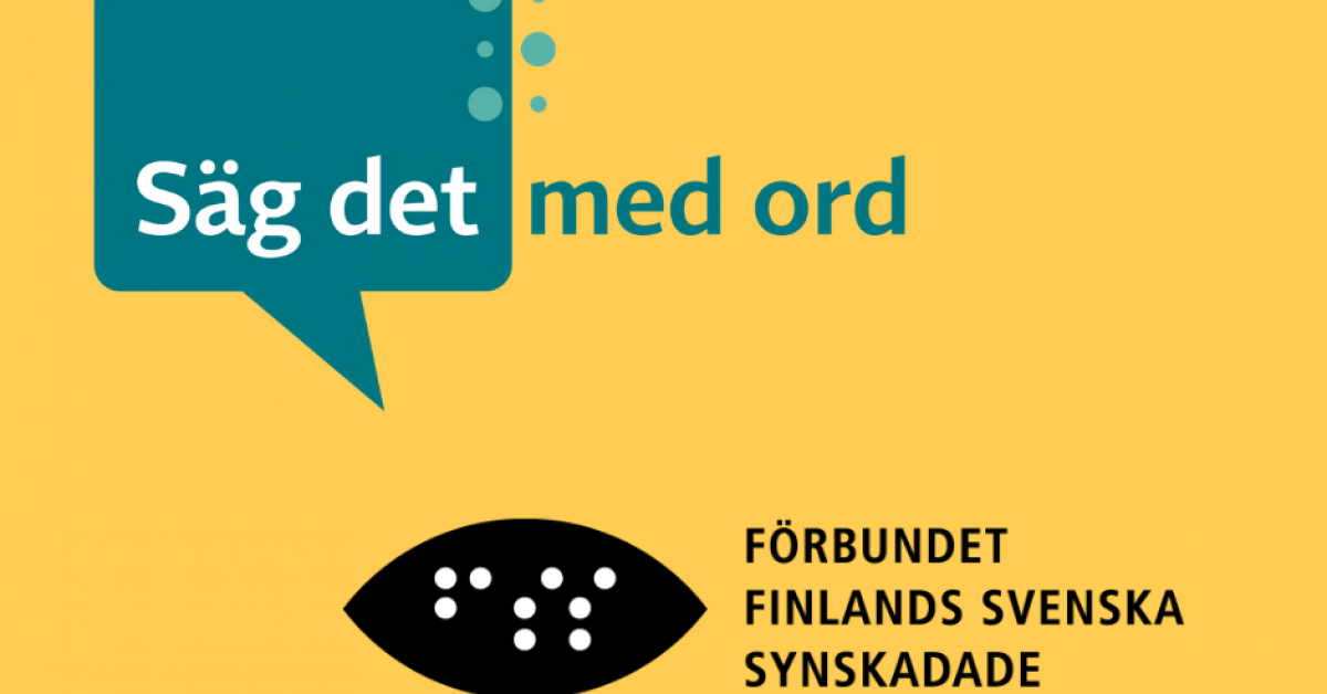 Säg det med ord-pratbubbla med FSS svartvita logga på gul bakgrund.