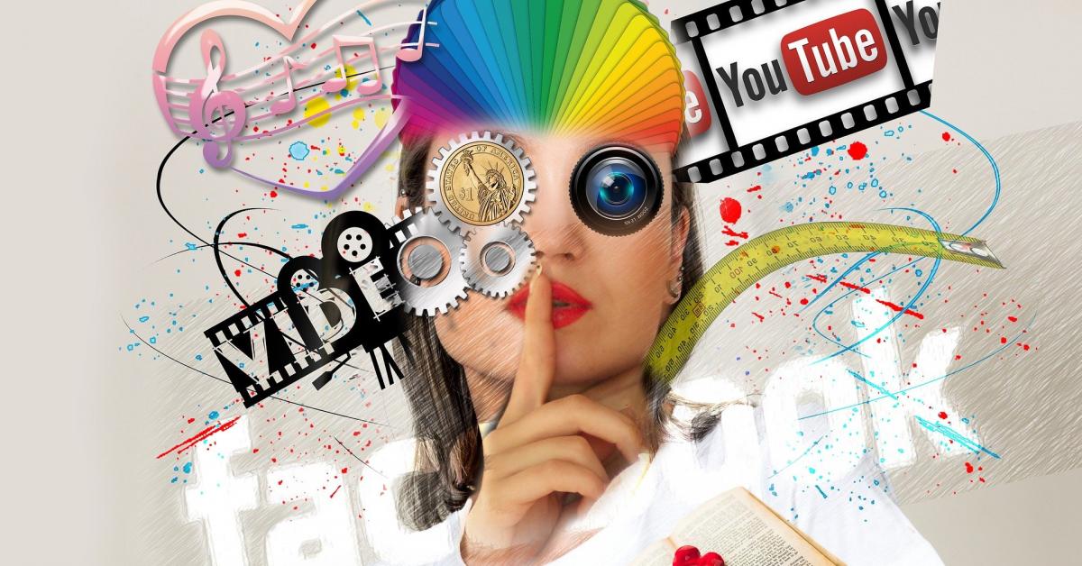 Ett kaotiskt kollage av en kvinna med regnbågshår, fotolins för öga, och olika logon för sociala medier.